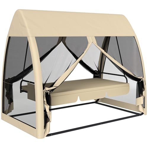 Outsunny 3-Seat Patio Swing Chair, Porch Swing Bed with Convertible Backrest, Cushion, Canopy, Side Pocket and Mesh Netting for Patio, Garden, Backyard, Coffee