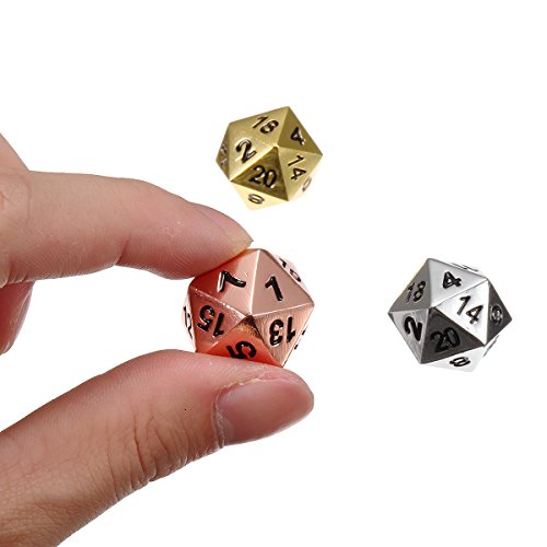 Tutoy 3Pcs Solid Metal D20 Polyhedral Dice Set Bright Kupfer Chrome Silver Gold D & D