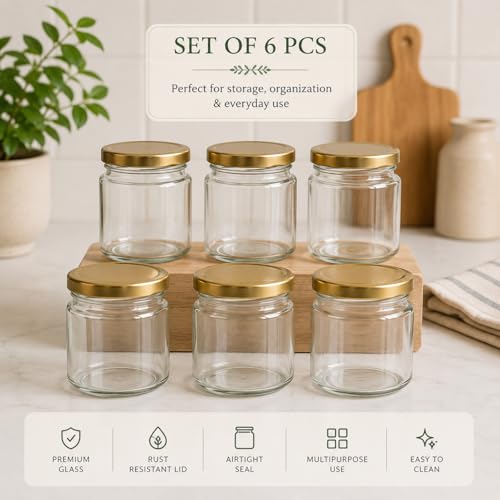 Image of Pure Source India Premium 50gm, 6 Pcs Glass Jar with Gold Lug Cap | Airtight Food Storage Jar for Honey, Jam, Pickles, Spices & Preserves