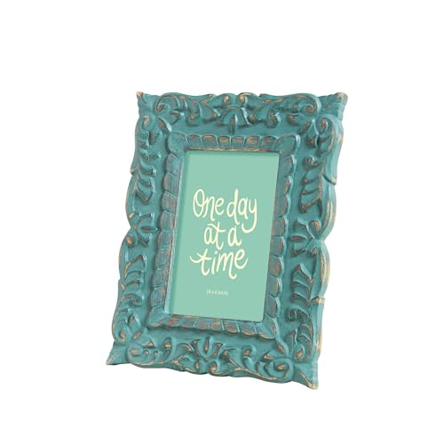Image of Chumbak Victorian Jharoka Hand-Carved Resin Photo Frame Small | Green Teal | Table & Wall Display | Boho Home Decor | Fits 4x6 Photo | Unique Housewarming & Birthday Gift
