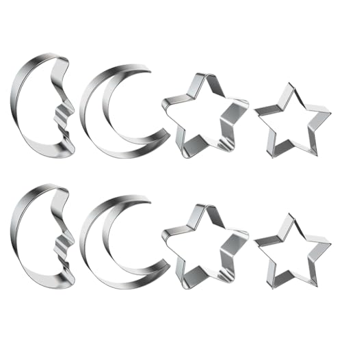 JIHUOO Lot de 8 emporte-pièces en forme d'étoile et de lune en acier inoxydable pour biscuits fondants et pâtisseries, fruits, légumes, sandwichs pour Noël