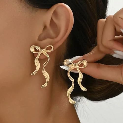 Gold Bow Earrings for Women Trendy Christmas Earring Large Big Statement Earrings Gold Jewelry Valentines Day Outfits for Women Coquette Holiday Dainty Ribbon Bowtie Bowknot Everyday Elegant Earring by VRNGI - Used condition - Image 2