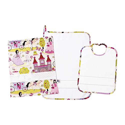 📦 CONTENUTO - A casa riceverete un set asilo da ricamare composto da un bavaglino, un asciugamano e un sacchetto in cotone stampato a tema principesse su fondo beige con chiusura a coulisse. Nella confezione troverai anche uno schema d'ispirazione per il ricamo. I set asilo da ricamare Filet sono realizzati in Italia, in cotoni di alta qualità, resistenti ai frequenti cicli di lavaggio, anche in lavatrice.