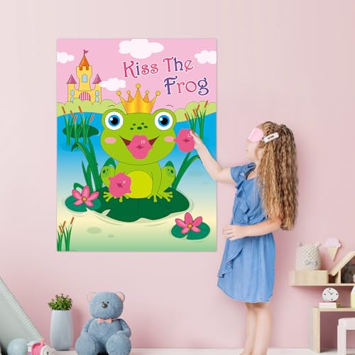 Image of WERNNSAI Valentines Party Game - Pin The Kiss On The Frog Valentines Day Party Games Valentine Frog Pin Game for Classroom Family School Activities 21'' x 28 inch Poster with 24 PCS Stickers