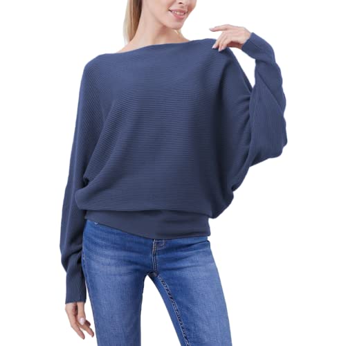 FULIER Women Oversized Boat Neck Batwing Sleeves Dolman Knitted Sweaters Lightweight Pullovers Tops One Size2