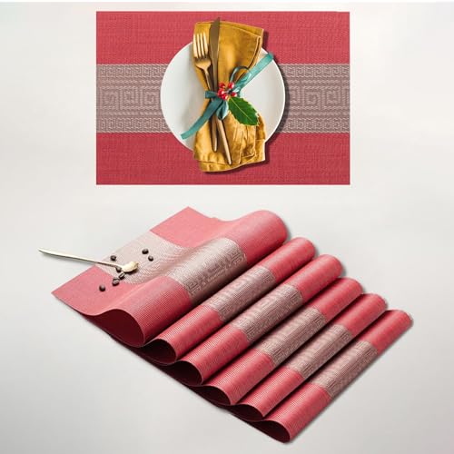 Image of YELONA Placemats Set of 6, Heat-Resistant Woven Vinyl Table Mats, Non-Slip & Washable Dining Tablemats for Kitchen & Dinner Decor, Scarlet Red (45cm x 30cm)