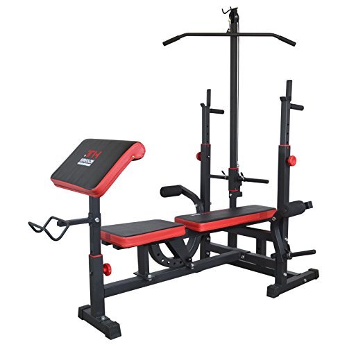Train Hard Multifunktion Hantelbank Kraftstation inkl. Latzug, Bauchtrainer, Armcurl und Beincurl mit Hantelset aus Langhantel, Curlhantel und Stange Gewichten 50kg bis 160kg