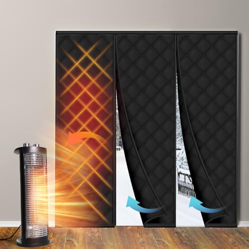 Reallnaive Magnetic Thermal Insulated Door Curtain Fit 72"x80" Door, Curtain Itself Size 74"x81", Thicken Made of Oxford and Cotton Insulated Cover for Winter Sliding, Patio, Black, Minimalism