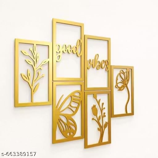 Image of Wooden Wall Decor Set of 6 with Gold Finish | Good Vibes Quote, Floral & Butterfly Design | Modern Living Room Wall Art