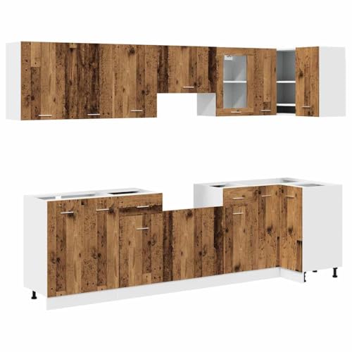 vidaXL Kitchen Cabinet Set - 11 Piece Old Wood Engineered Cabinets - Modern Kitchen Storage Solution - Adjustable Feet - Easy to Maintain - Includes Dishwasher Panel