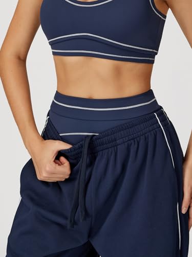 OMEWEE Womens Wide Leg Sweatpants Side Fashion Contrasting Lines Pants Drawstring Athletic Cotton Pants Blue S — view 3