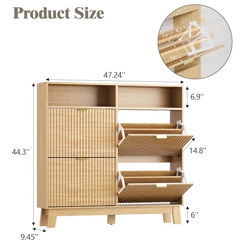 Image of HUANLEGO Shoe Cabinet Storage for Entryway with 4 Flip Drawers, Fluted Narrow Shoe Organizer with Wooden Legs & Top Cubby, Freestanding Slim Shoe Storage Hidden Shoe Rack for Front Door Entrance, Oak