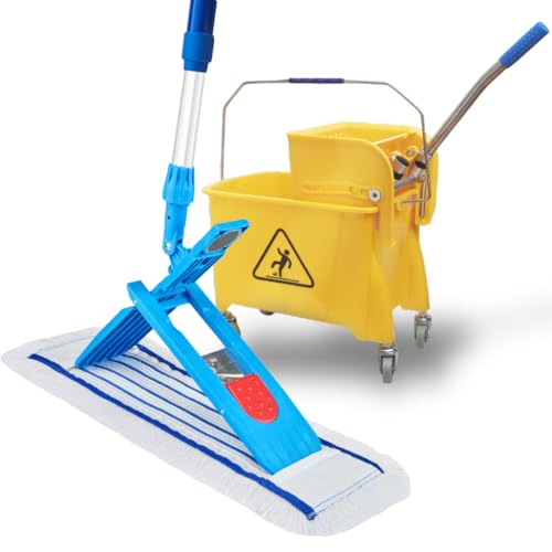 VIOVIE Premium Wischer Hospital Komplett Set 40CM und Reinigungswagen mit Auswringfunktion | Krankenhaus Mopp | 90-160 Teleskopstiel mit Kugelgriff | Magnethalter mit 1 klick System (40cm)