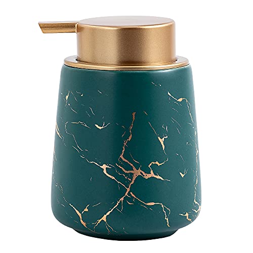 Coffeezone 11 oz Marble Gold Inlay Ceramic Lotion Dispenser Liquid Hand Soap Dispenser Pump Bottle for Kitchen Bathroom (Marble Green)