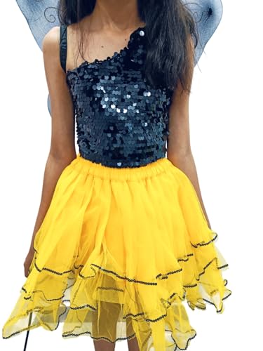 Image of BookMyCostume Butterfly & Honey Bee Fairy Costume for Girls - Sparkly Sequin Top & Layered Tulle Skirt Dress Set with Wings and Wand - Fancy Dress Outfit for Annual Day, Halloween & Cosplay 6-7 years