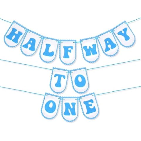 Halfway to One Banner Boy, Blue Felt Letter 1/2 Birthday Decorations, Pre-Strung 6 Month Baby Photo Prop, Half Birthday Party Garland, Half Way to One Sign for Baby Boy Backdrop Cover