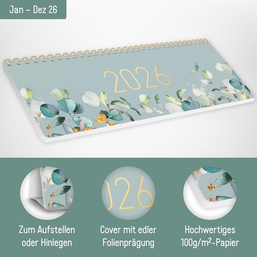 Häfft® Wochen-Tischkalender 2026 quer mit Aufsteller Minty Leaves 1 Woche 2 Seiten, Schreibtisch-Kalender mit Sprüchen, Wochenkalender 29,7 x 11,6 cm - nachhaltig & klimafreundlich