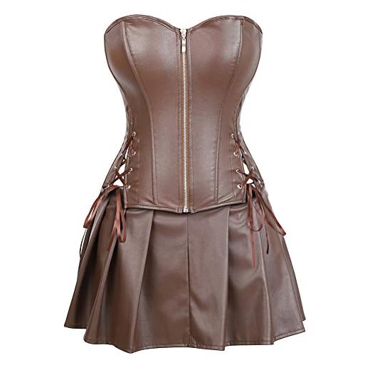 Grebrafan De Lujo Clásico Corset Imitación Cuero Corsé Mini Falda Conjunto (EUR(38-40) XL, Marrón)