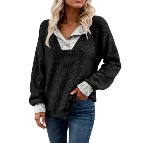 Pullover Damen 2026-Lässiges Damen-Sweatshirt mit überschnittenen Schultern Langen Ärmeln, Winter, einfarbig, Strickoberteil, Bequeme Loungewear (Black, L)