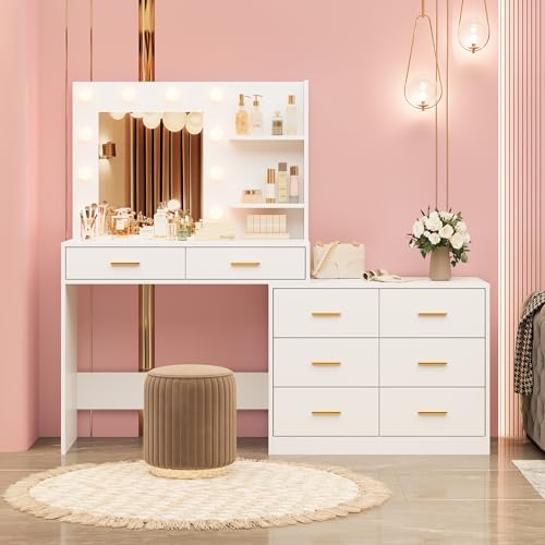 61" Make Up Vanity Desk with Mirror and Lights, White Vanity with 8 Wide Storage Drawers & 2 Tier Shelves, 3 Lighting Modes with Adjustable Brightness for Bedroom