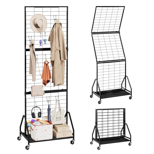 ELYKEN Foldable Grid Wall Panels 5.5' x 2' FT, Movable Wire Gridwall Display Rack with Wheels and Adjustable Foots, Retail Display Stand for Vendor with Storage (Black)