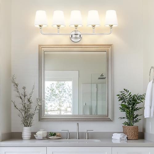Image of Bathroom Light Fixtures, 5 Light Brushed Nickel Vanity Lights with Flared White Fabric Shade, 35 Inch Wall Sconce, Modern Sconces Wall Lighting for Hallway Bedroom, VL837-BN-5