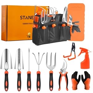 Stanew Gartenwerkzeughalter, Gartenwerkzeug-Set, Edelstahl,Gartenset Handwerkzeug für den Außenbereich, 13-teilig mit Aufbewahrungstasche