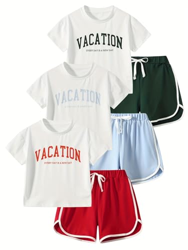 Image of Girls 6 Pieces Summer Outfits Casual Short Sleeve Tee Tops and Dolphin Shorts Set 4-12Y