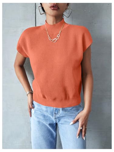 Image of OYOANGLE Women's Mock Neck Cap Sleeve Ribbed Knit Sweater Top Pullover Casual Office Shirts Orange X-Small