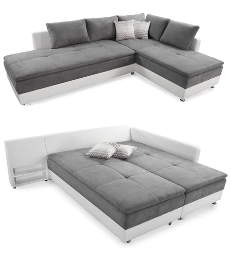 Federkern Ecksofa B306/T223/H95 cm Dauerschläfer, Doppelbett Schlaffunktion, Kaltschaum-Topper, Bettkasten, Regal, Schwenkteil LINKS, Mikrofaser-Bezug Hell-Grau, Korpus Kunstleder Weiß / 15103 Federkern Ecksofa B306/T223/H95 cm Dauerschläfer, Doppelbett Schlaffunktion, Kaltschaum-Topper, Bettkasten, Regal, Schwenkteil LINKS, Mikrofaser-Bezug Hell-Grau, Korpus Kunstleder Weiß / 15103
