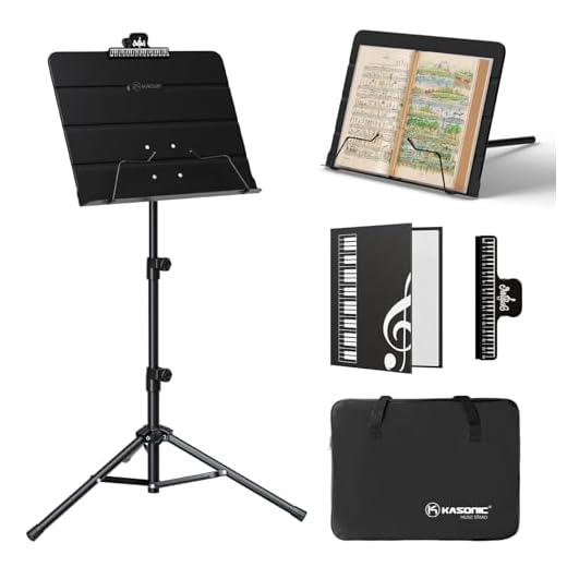 Kasonic 2 in 1 Dual-Use Folding Sheet Music Stand & Desktop Book Stand with Portable Carrying Bag, Sheet Music Folder & Clip Holder (Black)