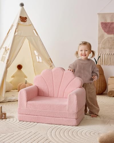 Image of Blissful Diary Foldable Kids Couch, 2-in-1 Kids Sofa Chair, Pink Shell | 50.8 inch Fold-Out Play Area, Supportive Foam, Washable Cover, Carry Handle, Pre-Assembled, Kid-Safe Zipper