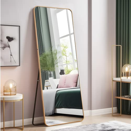 Image of NeuType 65 inchx22 inch Full Length Floor Mirror with Stand - Large Bedroom Wall-Mounted or Leaning Mirror - Aluminum Alloy Frame, Golden, Round Corner
