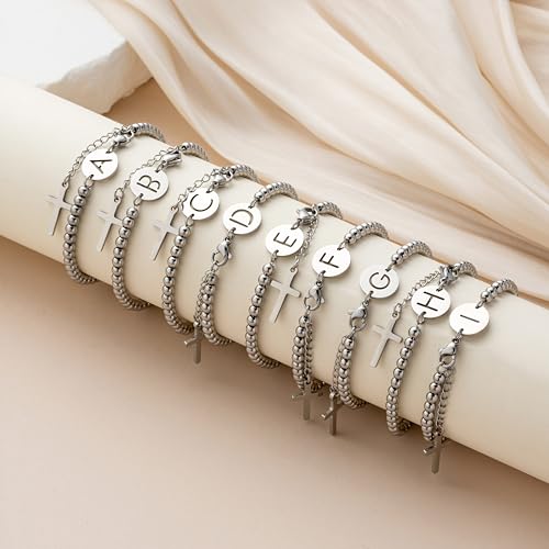 Image of Initial Cross Silvery Bracelets for Women Trendy, Initials Cross Charm Beaded Bracelet, Christian Gifts for Women, Baptism Confirmation Christmas Inspirational Gifts for Mom Daughter Friend Sister
