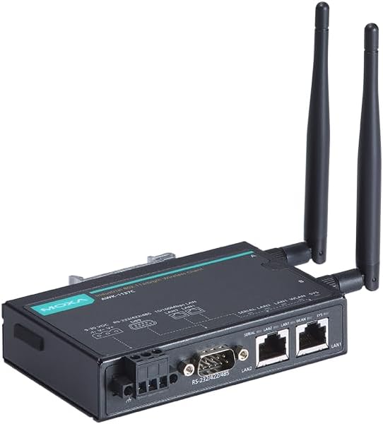 N'akuku view of the MOXA AWK-1137C-US wireless client, showing the side with power input, serial port, and Ethernet ports, with antennas attached.