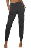 icyzone Damen Lang Sporthose Jogginghose mit Taschen Hohe Taille Sweathose Yoga Running Fitness Hosen (M, Dunkelgrau)