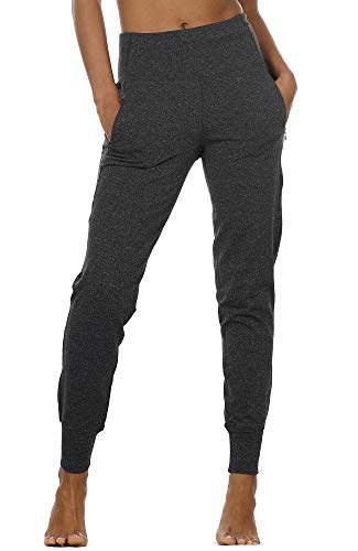 icyzone Damen Lang Sporthose Jogginghose mit Taschen Hohe Taille Sweathose Yoga Running Fitness Hosen (M, Dunkelgrau) Cover