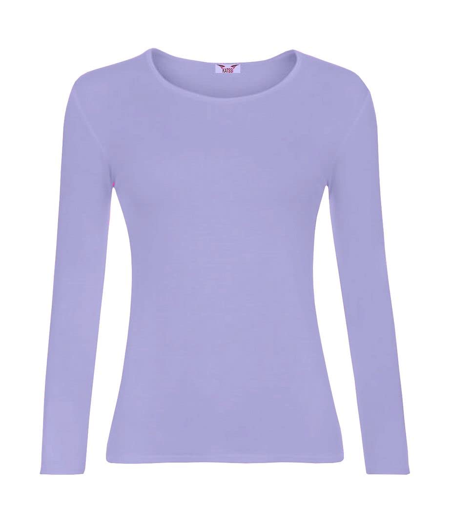 KATSSI Women’s Ladies Long Sleeve Stretch Plain Round Scoop Neck T Shirt Top XXL Lilac