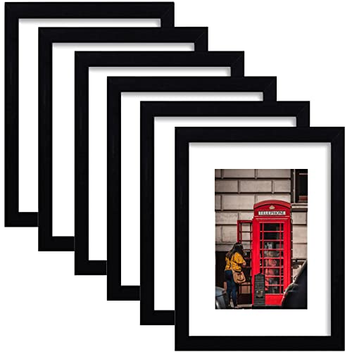 Image of PWTAKO 11x14 Picture Frame Set of 6, Display Pictures 8x10 with Mat or 11x14 Without Mat for Wall Mounting,Black
