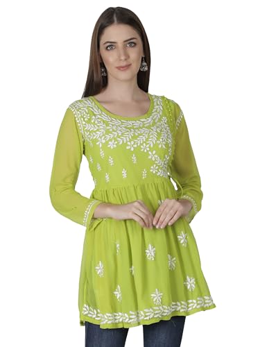 Image of Seva Chikan Hand Embroidered Lucknowi Chikankari Angarkha Georgette Top with Slip for Women SCL4041