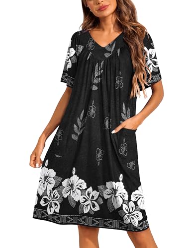 Image of Ekouaer Womens House Dress Floral Print Nightgown with Pockets Mumu Dress | V Neck Nightgowns for Women Pleated Short Sleeves Mumu Dresses Knee Length Moo Moo for Sleep, Daily Wear, Vacation, Party