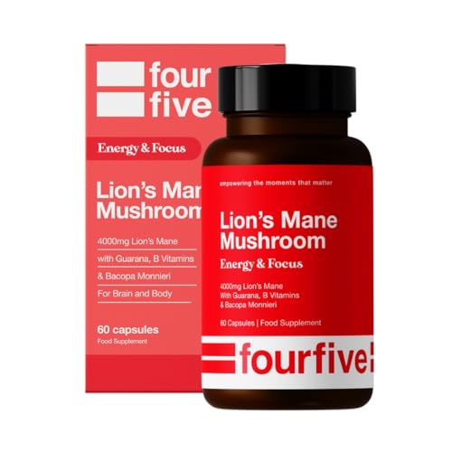 fourfive Lions Mane Mushroom Supplement (4000mg) Energy & Focus Blend, Support Brain Function, Focus & Energy - 60 Capsules