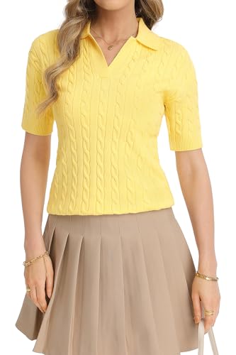Image of QUALFORT Cable Knit Women's Short Sleeve Sweater Soft V Neck Polo Tops