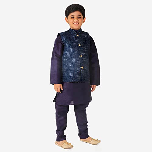 Image of Pro-Ethic Style Developer Kurta Pajama For Kids Boys With Waistcoat | Silk | Floral | Traditional Dress (S-200)