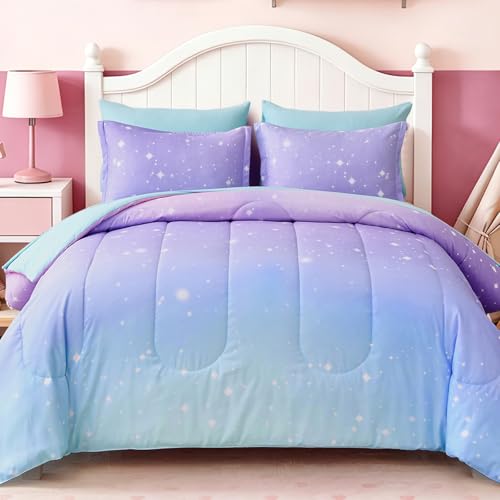 Image of Dinjoy Girls Comforter Set 6 Pieces, Twin Size Colorful Ombre Rainbow Bedding Set, Bed in A Bag for Kid Teen Girls (1 Comforter, 1 Flat Sheet, 1 Fitted Sheet, 1 Pillow Shams, 2 Pillowcases)