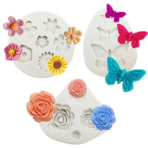 3 Pcs Fondant Molds, Mini Flower Butterfly Molds Rose Clay Molds Polymer Clay Molds, Non-stick Silicone Molds for DIY Cake Decorating Sugarcraft Cupcake Topper
