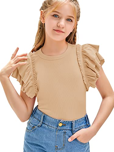 Girls Ruffle Short Sleeve Shirts Mock Neck Ribbed Knit Summer Pullover Tops