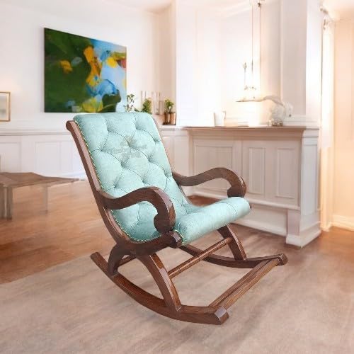 Image of Solid Sheesham Wood Rocking Chair for Living Room | Ergonomic Resting Chair for Relaxing and Pregnant Women (Sky-Blue)