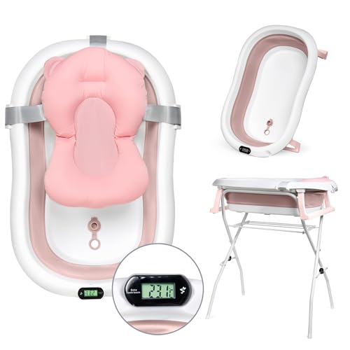 moovkee. Banheira Bebe con Soporte de 80 cm - Bañera Plegable Bebé con Termómetro y Cojín de Baño - Banheira Bebe con Estructura Segura para tu Bebé - para Recién Nacidos