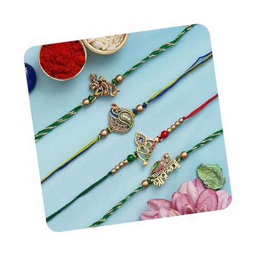 Image of eCraftIndia Red, Blue & Golden Designer Peacock Rakhi with Roli Chawal Pack - Rakhi for Brother